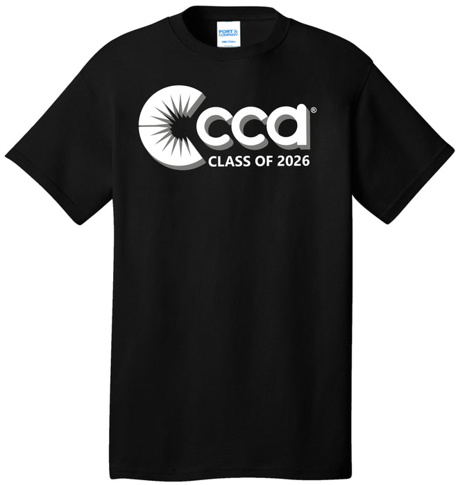 Black t-shirt with 'CCA Class of 2026' logo on a white background