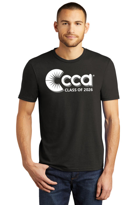 Man wearing a black t-shirt with 'CCA Class of 2026' design on a white background