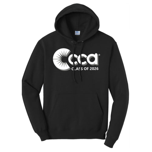 Black hoodie with 'CCA Class of 2026' logo on a white background