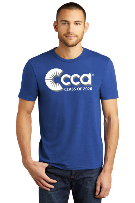 Man wearing a royal blue t-shirt with 'CCA Class of 2026' logo on a white background