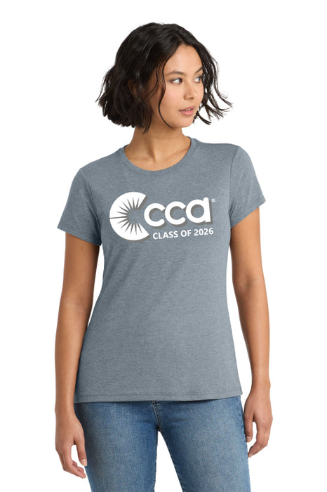 Woman wearing a blue-grey heather shirt with 'cca class of 2026' imprint 