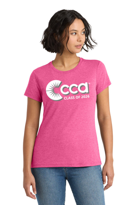 Woman wearing a pink heather t-shirt with 'CCA Class of 2026' design