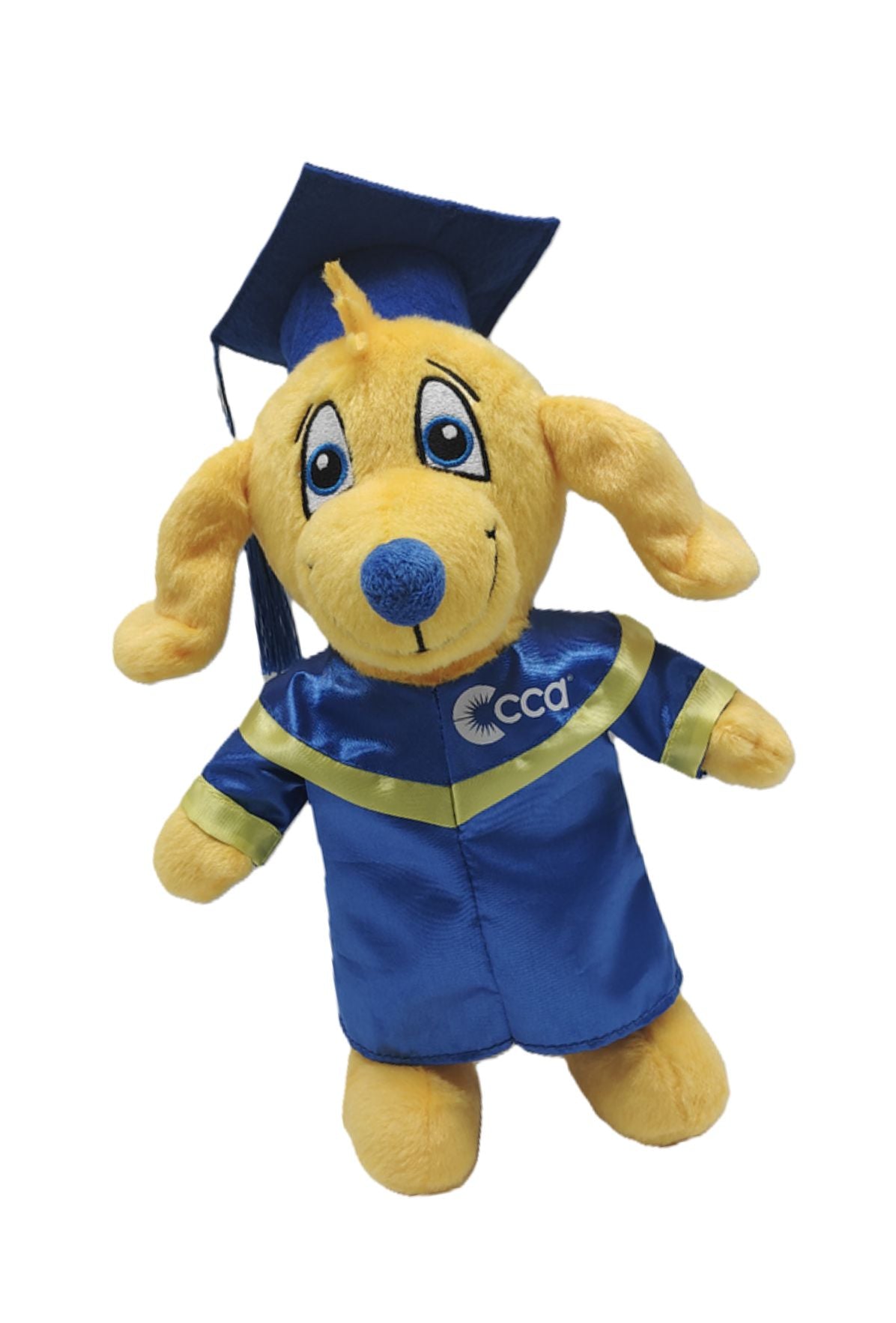 Plush dog stuffed animal in graduation attire with 'CCA' on a white background