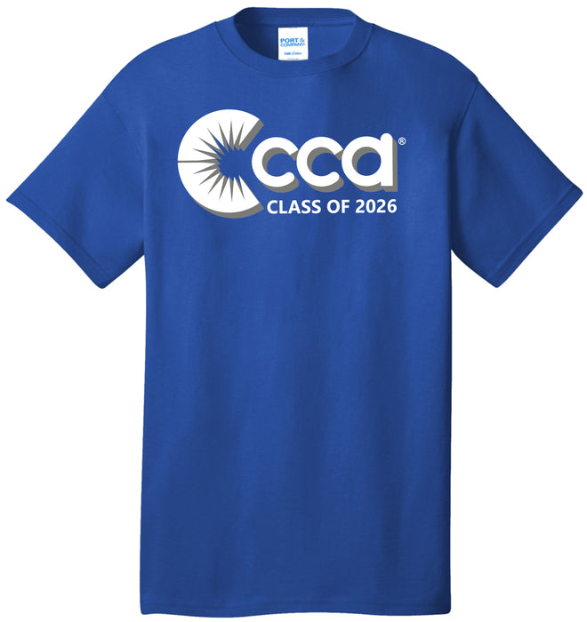Royal Blue t-shirt with CCA Class of 2026 logo on a white background