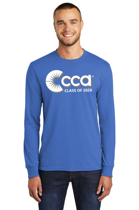 Man wearing a royal blue long-sleeve shirt with 'CCA Class of 2026' logo on a white background