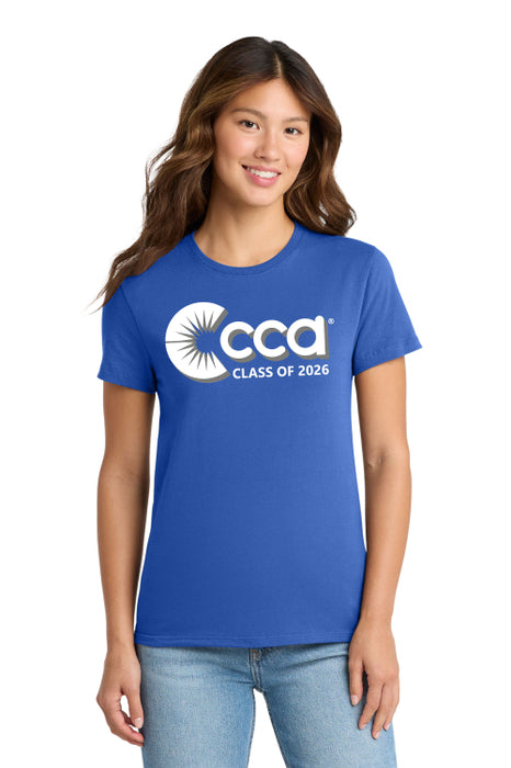 Woman wearing a royal t-shirt with 'cca Class of 2026' print 